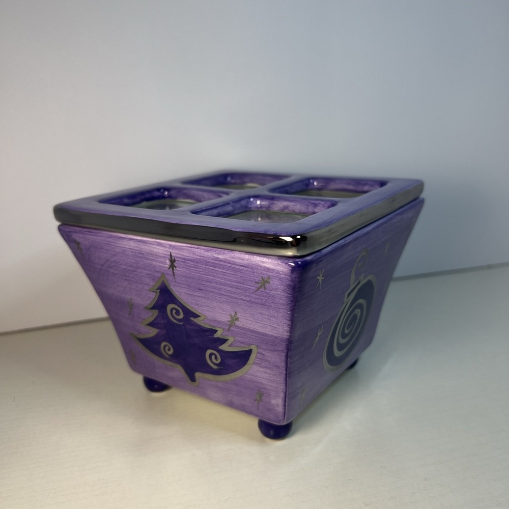 GAC Ceramic Footed Candy Dish With Glass Lid Purple & Silver Holidays Christmas